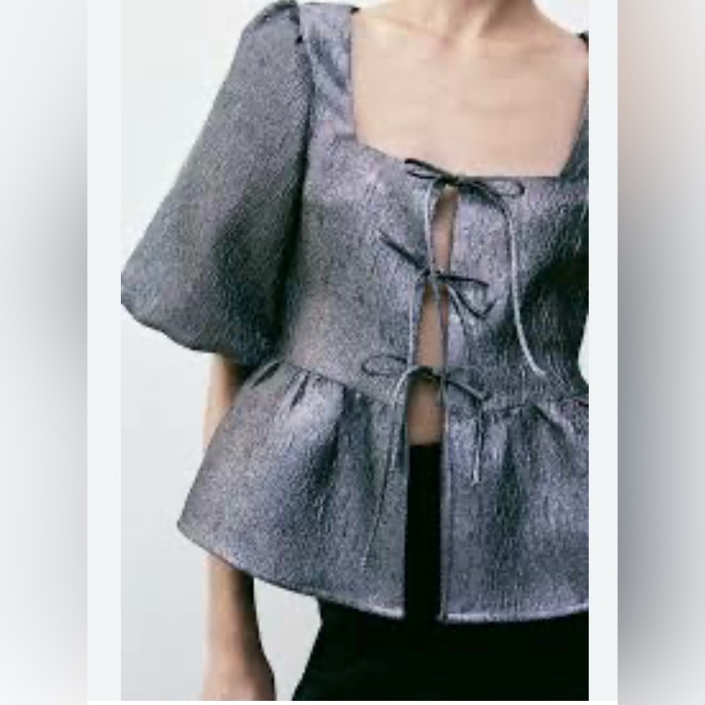 H&M Party Celebration Metallic Gunmetal Jacquard Tie-Front Puff SLV Peplum Top M